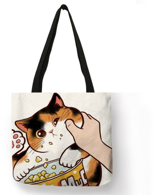 에코백 미니 휴대용 재미있는 귀여운 키스 고양이 프린트 캐주얼 토트 백 여성용 에코 린넨 천 핸드백 대형 재사용 쇼핑백 야외 해변