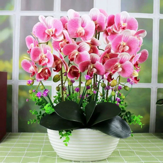 행운 호접란 서양란 개업 조화화분 탁상용 난 가짜꽃 꽃 인조 녹색 조화 보라색 가드닝 D8903, 3. 4줄 3D 핑크 PU