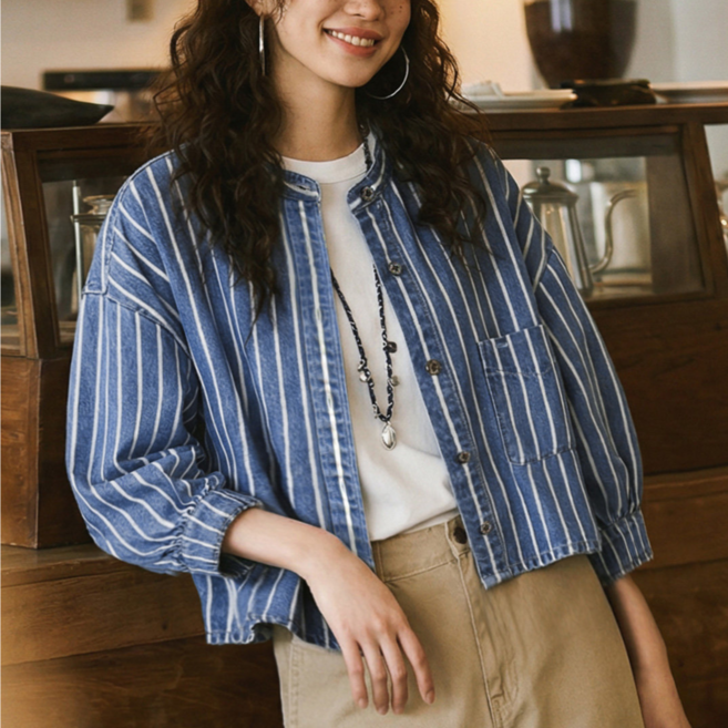 여성 데님 셔츠 빈티지 하이웨이스트 숏 블루 스트라이프 초커 칠부 상의 Denim Shirt FXYH2602829
