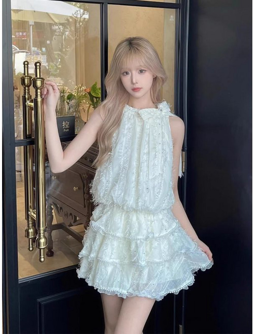 韓系千金風蝴蝶結無袖吊帶連衣裙夏季時尚收腰細閃蛋糕蓬蓬短裙潮, 淺杏色