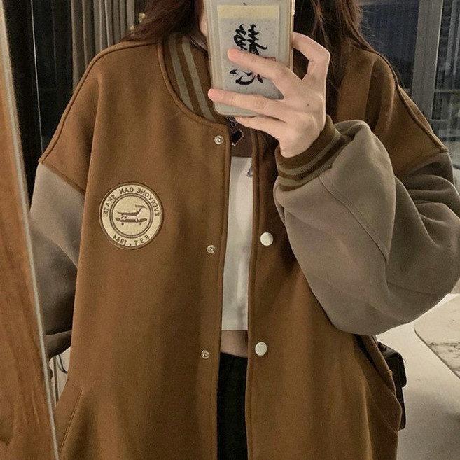 美式學院風棒球服外套女 早秋新款撞色寬鬆休閒衛衣上衣