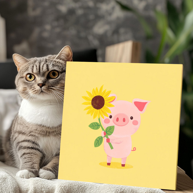신원액자랜드 풍수 돼지 그림 캔버스 액자 귀여운 일러스트 복들어오는 재물 집들이 선물 아이방 인테리어 액자, 02.행복복돼지, 04.80X80 (cm), 01.캔버스액자