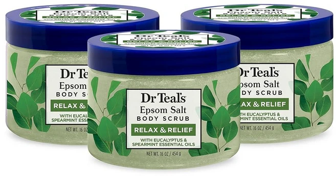 Dr Teal's Pure Epsom 솔트 바디 스크럽 유칼립투스 및 스피아민트 에센셜 오일 함유 473.2ml(16온스) (3팩) 187517, 454g - 쿠팡