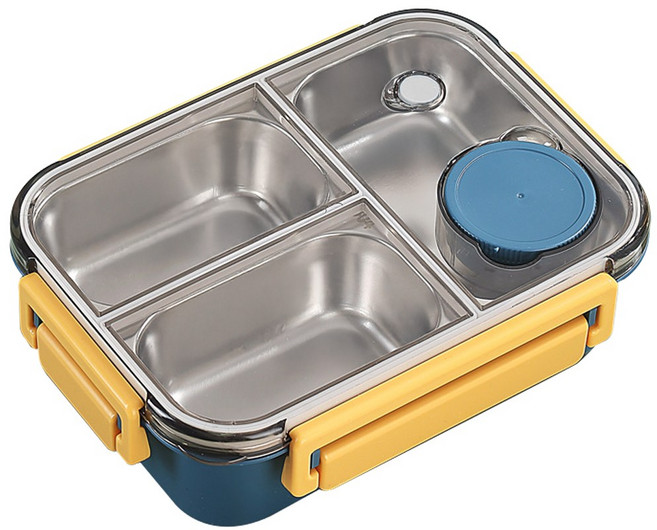 투데이리빙 3칸 스텐 밀폐 도시락통 숟가락 포크 소스통 세트 성인 직장인 식판 도시락 가정용 1단 런치박스 실리콘 뚜껑 사각 용기, 1개, R98604A(옐로우터쿼즈