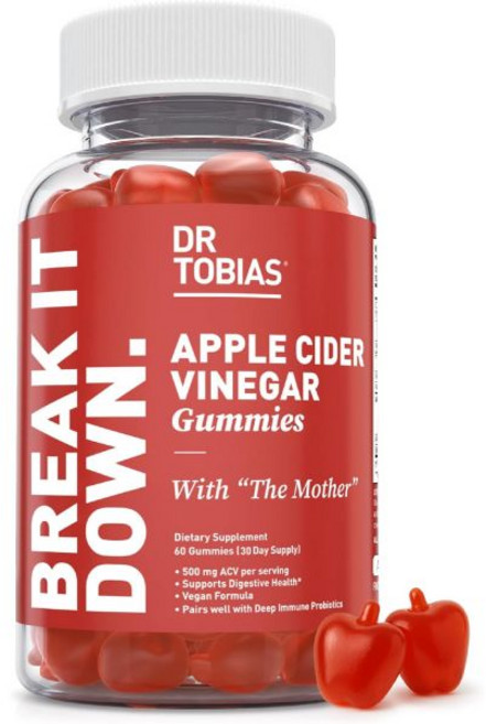 닥터 토비아스 사과 식초 구미 어머니 농축액 함유 1회 제공량당 500mg ACV 엽산 비타민 B6 B12 요오드 포함 소화 건강 지원 장 정화 및 해독 비건 120구미, 60, 1개