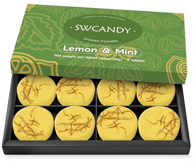 SWCANDY Shower Steamers 아로마테라피 생일 선물 여성용 여행 필수품 레몬 8개 배쓰밤 샤워밤 자연 추출물 에센셜 오일 휴식 홈 스파 253464, Lemon/Mint