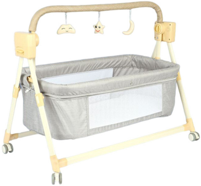 嬰兒搖牀多功能可移動摺疊搖籃新生兒電動搖搖椅玩具寶寶安撫睡籃, 淺灰色手動款