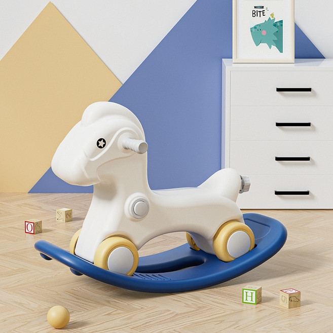 DIU 木馬兒童搖馬寶寶玩具嬰兒兩用搖搖馬1-5週歲小木馬車, 1件, 【基礎款】馬形搖馬 藍色:如圖