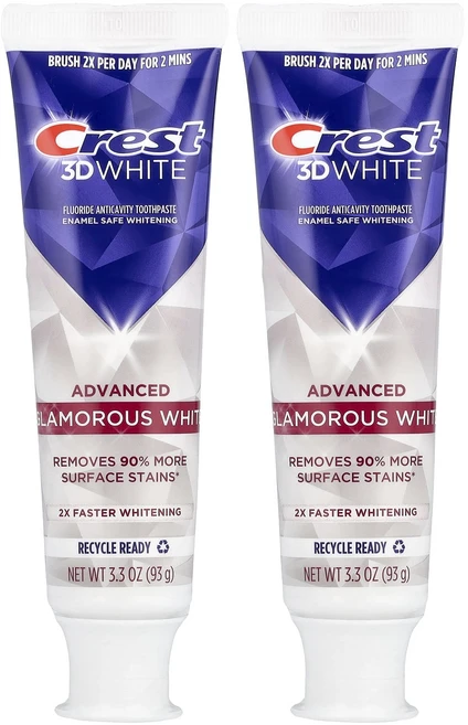 특별한효과 Crest 3D 화이트 불소 충치 예방 치약 어드밴스드 글래머러스 화이트 튜브 2개 각 93g(3.3oz) 곧일시품절됩니다, Crest3D화이트불소충치예방치약어드밴스드글래머러스화이 - 쿠팡
