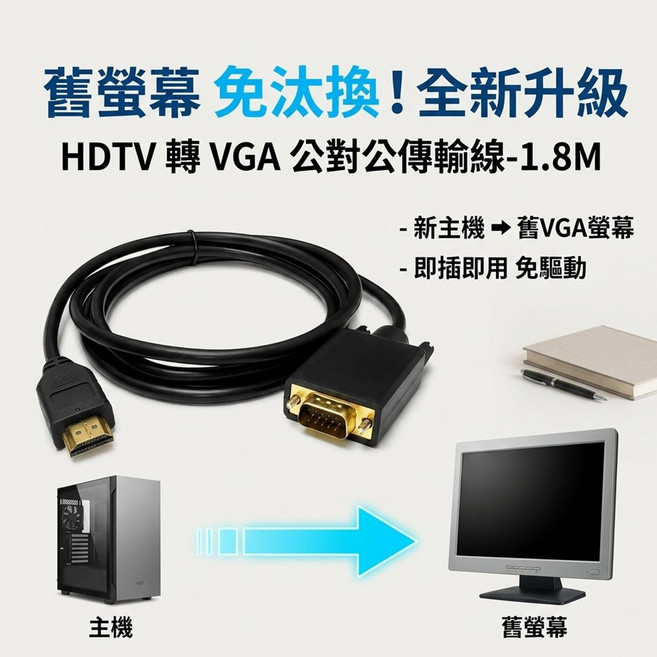 HDTV 轉 VGA 公對公傳輸線 1.8M 舊螢幕免汰換 全新升級 即插即用 免驅動, 1個, HDTV TO VGA公對公