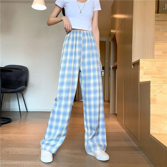 韓版高腰格紋寬褲 女裝