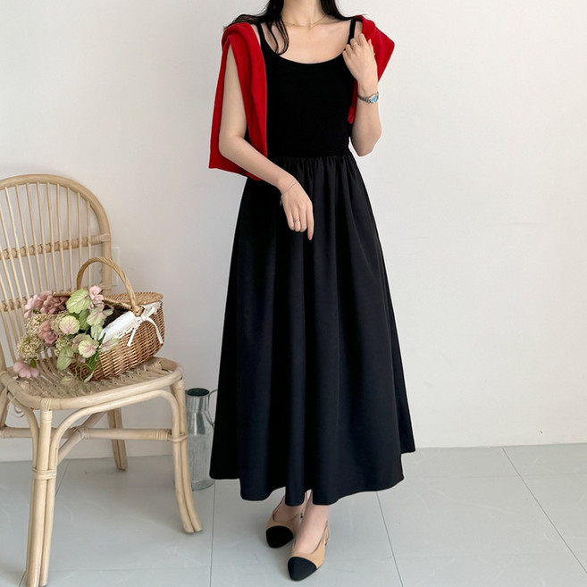 데일리앤 로지 민소매 레이어드 끈 나시 롱원피스 이너 플레어 원피스 봄 여름 가을