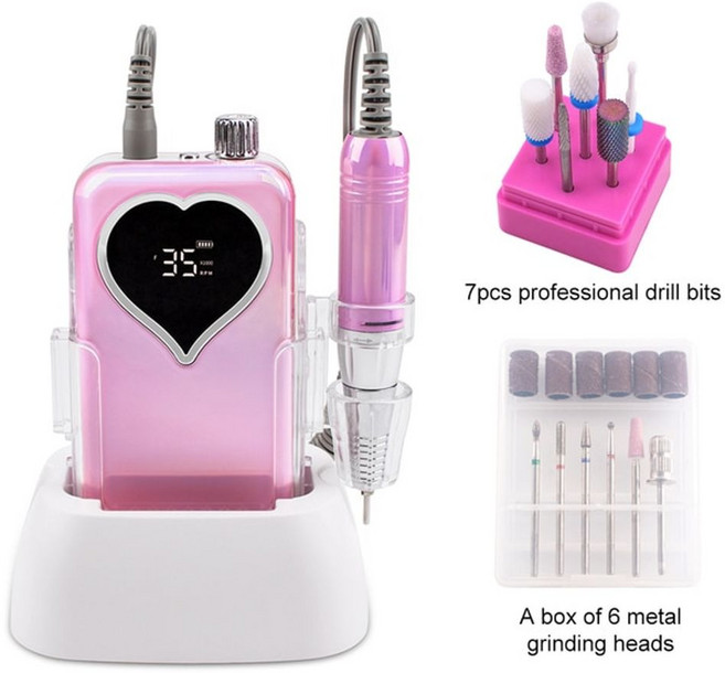전동 네일드릴 밀링 그라인더 세트 큐티클 셀프관리 발톱, 하트핑크세트, EU, 1개