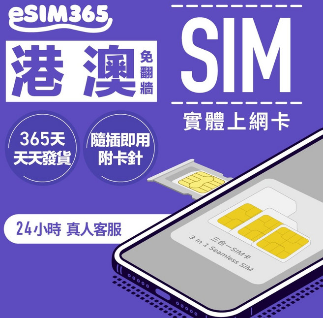 eSIM365 港澳實體SIM卡, 每天1GB後128kbps吃到飽,3天