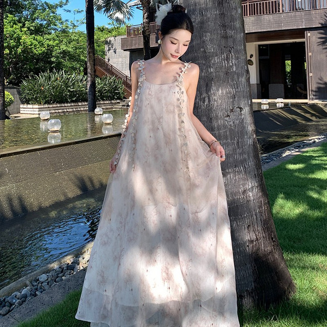 DIU 新中式高級感氣質連衣裙夏季新款小衆水墨蝴蝶吊帶長, M