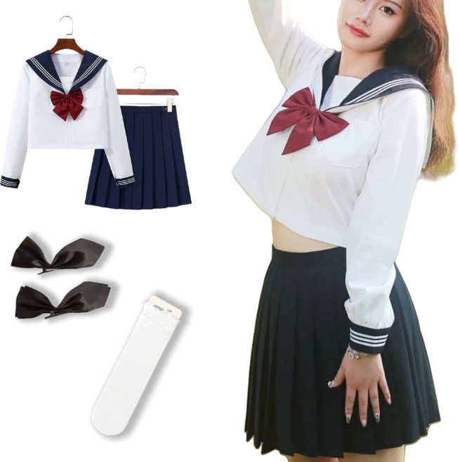 [리쿠찌] 세일러복 나비리본JK교복세트 (머리띠 눈꽃양말)증정 반팔/긴팔 JK 고등학생교복 세라복 할로윈 코스프레 의상 귀여운 학교 학생복/고급형