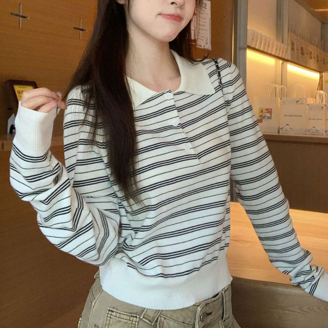 SOSISI 여성 데일리 카라 스트라이프 니트티 긴팔 DH1M01158