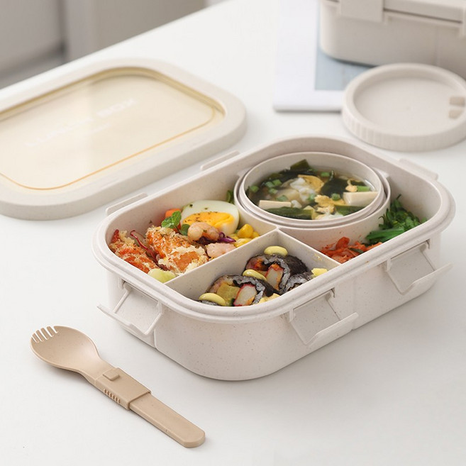 직장인 밀짚 도시락통 전자렌지 소풍도시락 런치박스 숟가락 국통 세트, 1세트, 밀색 4칸