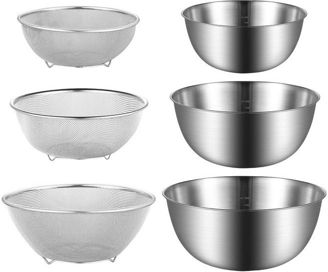 투데이리빙 6종 세트 스텐 믹싱볼 + 메쉬 채반 주방 야채 과일 보관 건조 트레이 원형 물빠짐 타공 채망 바구니 눈금 계량 스텐볼, 1세트, R98824S(실버