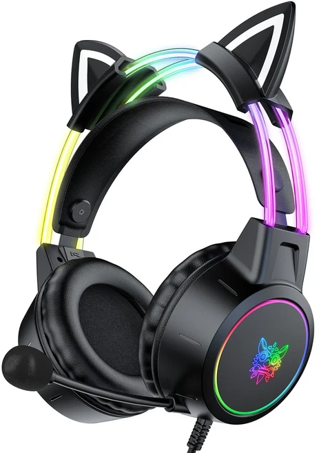 ONIKUMA 고양이귀 유선 게이밍 헤드셋 RGB ENC 노이즈캔슬링, 블랙