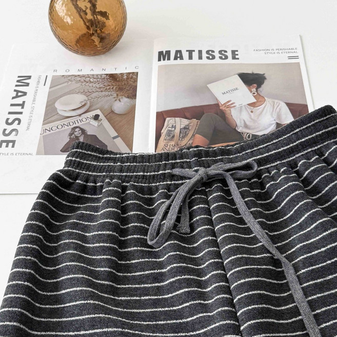 撞色條紋絨毛綁帶闊腿長褲 加絨針織寬褲