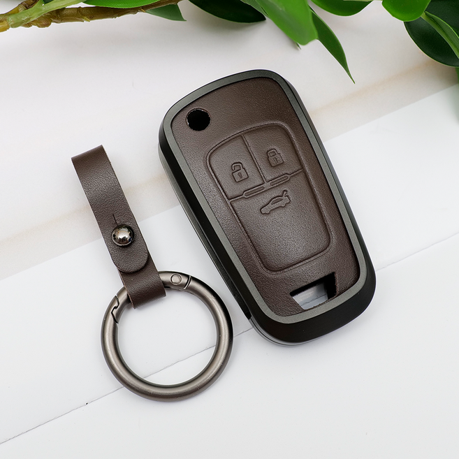 바이어블 쉐보레 호환 스파크 말리부 아베오 알페온 임팔라 트랙스 호환 폴딩키 크롬 가죽 키케이스 키링 키홀더, 3버튼 F타입 다크브라운 (VA-U06)