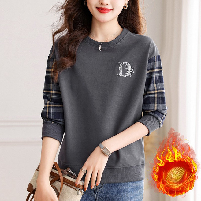 SAHINER 겨울 여성 기모안감 라운드넥 스트라이프 소매 소프트 오버핏 맨투맨 BWY59