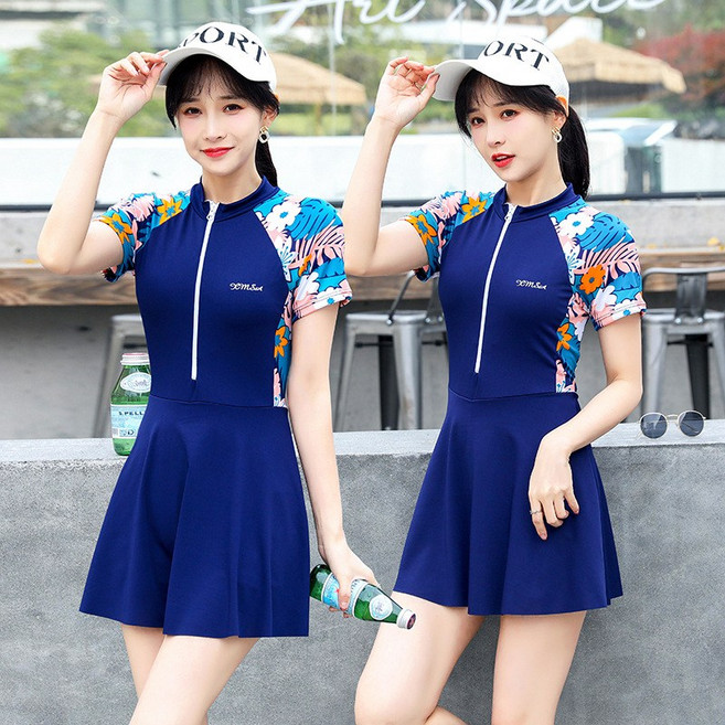 保守連體泳衣女裙式運動衣顯瘦簡約溫泉黑色女士夏競速游泳衣, L 建議85-100斤