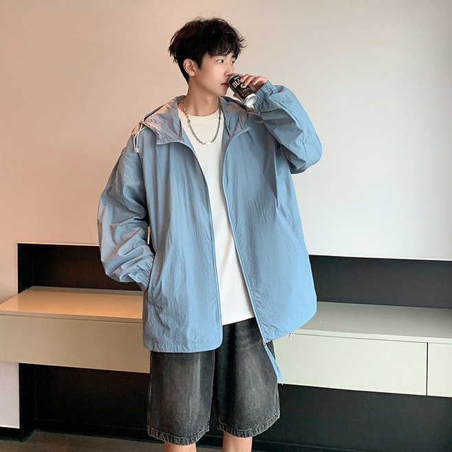 남성 자외선차단 바람막이 후드 집업 자켓 캐주얼 루즈 핏 큰사이즈 바람막이 JS, 라이트 블루