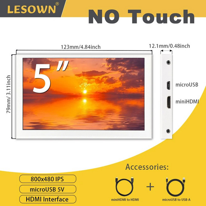 휴대용 모니터 포터블 LESOWN 미니 스크린 HD 800x480 IPS HDMI LCD 보조 마이크로 디스플레이 라즈베리 파이 5 4 3B + 윈도우 PC 화이트 인치, 없음, 1) Monitor