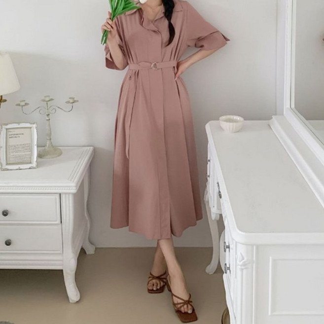 옷자락 여성 레이온 벨트 반팔 카라롱 원피스