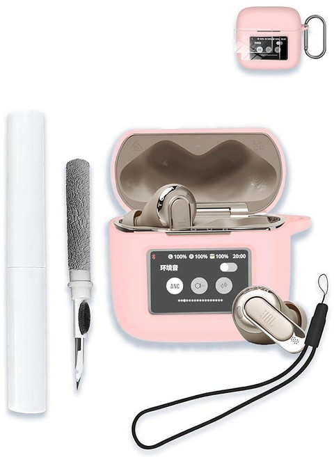 WUNIAK JBL Tour Pro 3용 케이스 - 트루 와이어리스 노이즈 캔슬링 이어버드 소프트 실리콘 보호 휴대용 스크래치 충격 방지 2팩 액정보호필름 및 클리너 키트, 핑크
