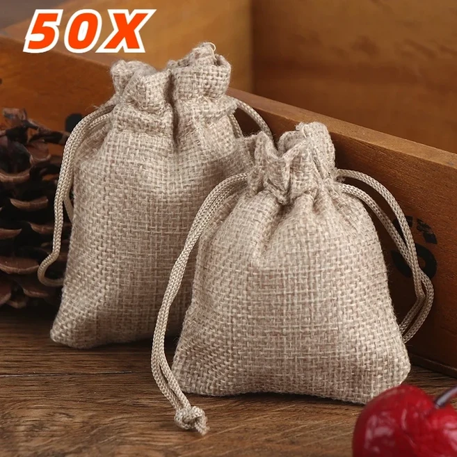 50PCS 13X18/10X15/9X12/7X9CM Drawstring 삼베 가방 황마 선물 DIY 결혼식 호의 선물 가방 포장 캔디 초콜, 02 7x9cm-2.7x3.5in, 01 50PCS
