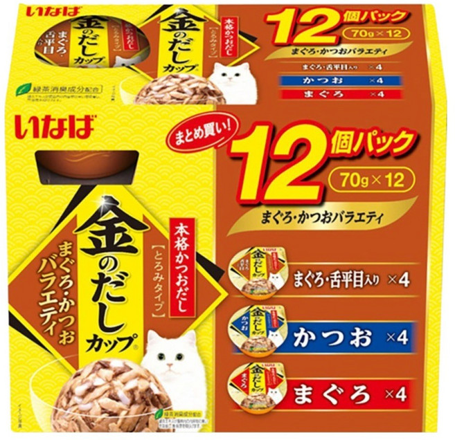 이나바 고양이 금빛육수컵 버라이어티 간식캔 3종 x 4p 세트, 참치&가다랑어, 70g, 12개