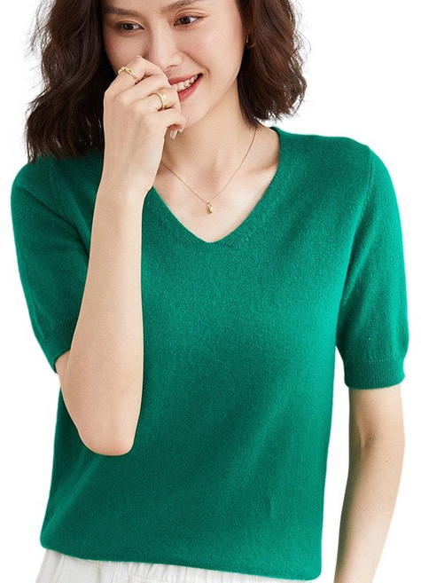 여성 기본핏 브이넥 데일리룩 슬림포인트 비스코스 혼방 부드러운 반팔 니트
