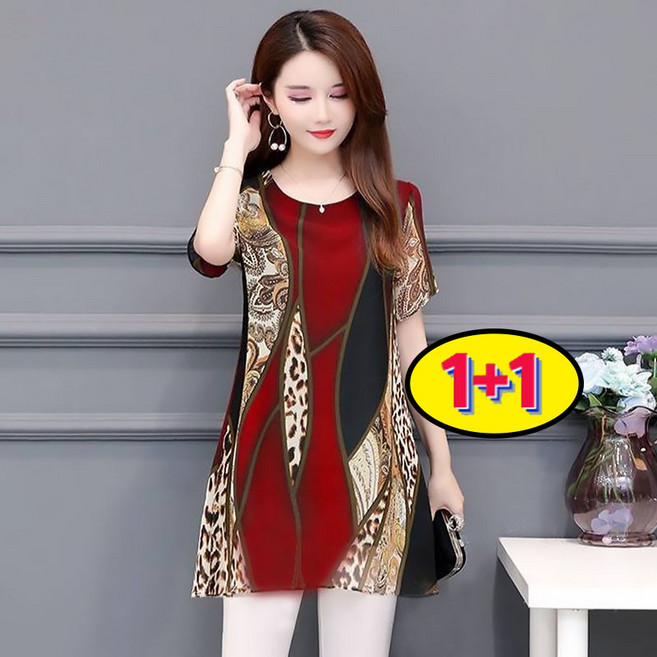 AOKADA 1+1 중년 여성 롱티 라운드 여름 반팔 티셔츠 오버핏 엄마옷