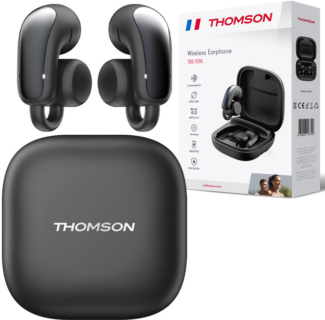 프랑스 톰슨 블루투스 6.0 ENC 노이즈 캔슬링 생활 방수 오픈형 귀걸이 무선 블루투스 이어폰, 블랙, TBE-701K