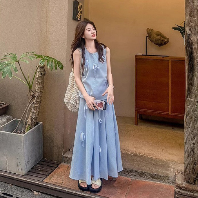 ANYOU 여름 여성 투피스 세트 나시 롱스커트 세트 여자 원피스 민소매상의 스커트