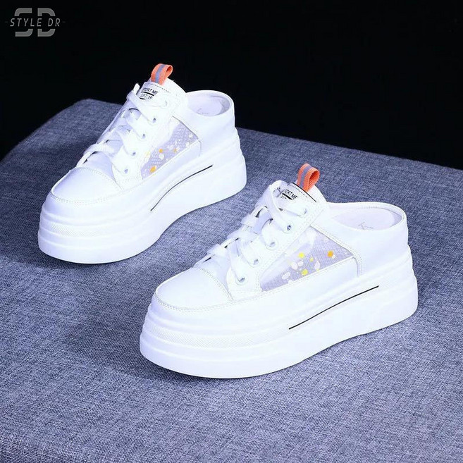 스타일닥터 여성 여름 화이트 미들리 슬리퍼 투명 메쉬 스팟 패턴 키높이 샌들