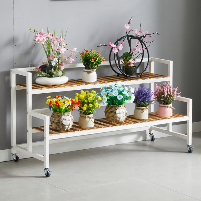 디원리빙 이동식 프리미엄 철제프레임 계단식 화분 정리 선반대, 화이트 120cm, 2단