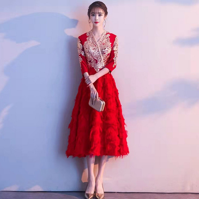 파티 파티 드레스 가을 겨울 레드 심플 이브닝 드레스녀 뉴타임즈 U551K323