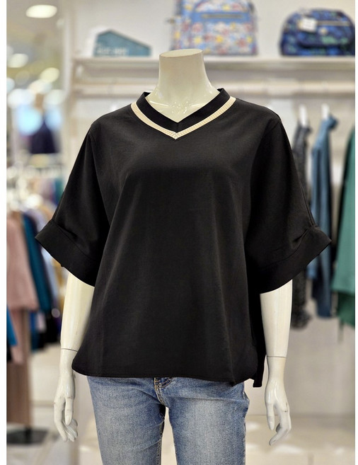 크로커다일레이디 배색 오버핏 V넥 롤업 반팔 티블라우스 CLEFTS107