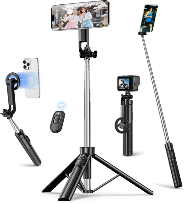 NICESUN 맥세이프 블루투스 휴대폰 셀카봉 스마트폰/카메라/고프로 호환 강력 자석 휴대폰 삼각대 130cm TP13, 블랙, 1개