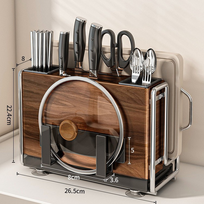 中古風廚房刀架置物架多功能菜板筷子筒一體刀具收納架壁掛砧板架, 1個, 如圖