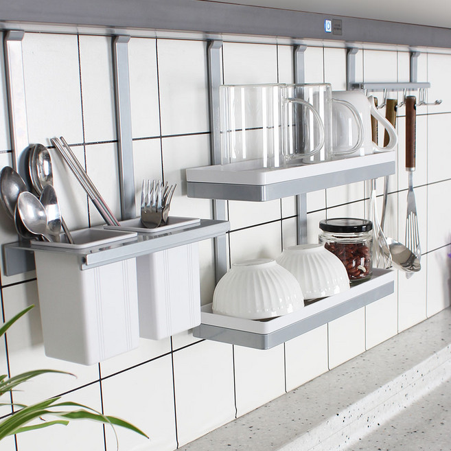 에쿤 정품 리큐브 주방 싱크대 벽장하부 행거레일 악세사리 다용도걸이 수저통 2단선반 3종 세트, 리큐브 3종 세트 실버