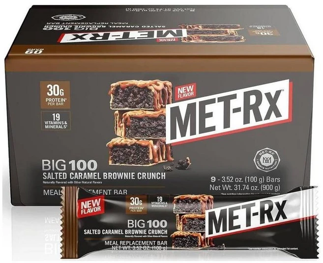 MET-Rx Big 100 Protein Bar Salted Caramel Brownie Crunch 메트알엑스 빅 100 프로틴바 솔티드 캬라멜 브라우니 크런치 식사대용, 9개 - 쿠팡