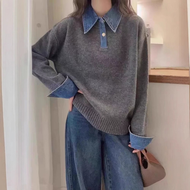 휠렉스 여성 카라 니트 데님 셔츠 레이어드 루즈핏 데일리 봄 니트 JT398