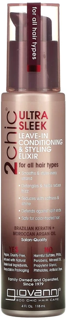 Giovanni 2chic 울트라-슬릭 리브-인 컨디셔닝 & 스타일링 일릭서 모든 모발용 브라질리언 케라틴 + 모로칸 아르간오일 118ml(4fl oz), Giovanni2chic울트라슬릭리브인컨디셔닝스타일링일, 1개, 118ml - 쿠팡