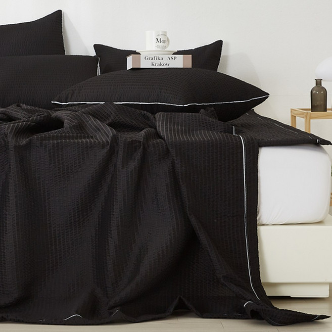 고급스럽고 시원한 시어서커 홑이불 베개세트, 블랙