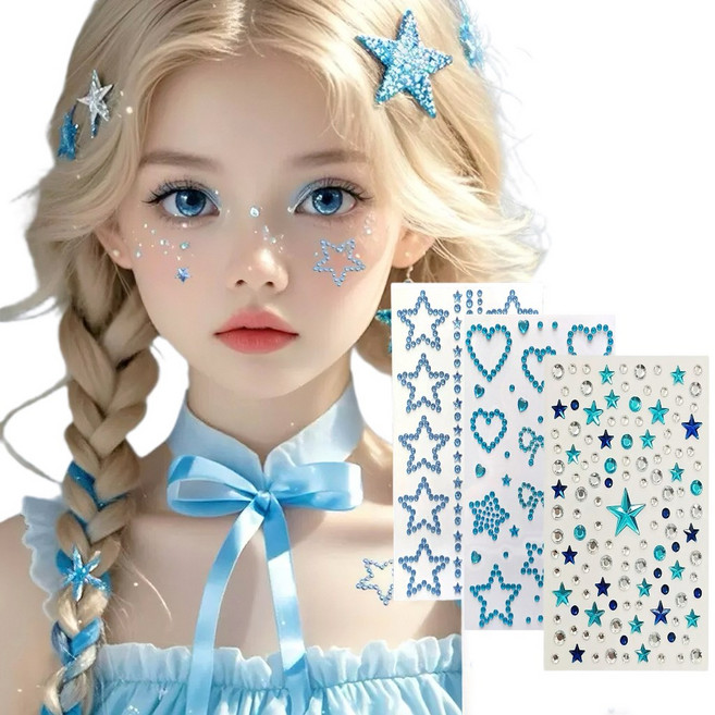 별라 페이스 큐빅 스티커 무대 공연용 얼굴 반짝이 별 원형 3종 세트, 3개, 블루